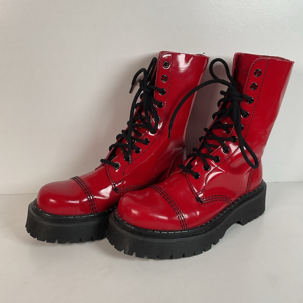 Underground England Lace Up Boots | Safety Toe | Cherry Red Patent | UK 6 | US 8